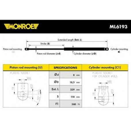 Pneumatischer Stoßdämpfer, Motorhaube MONROE Code ML6193