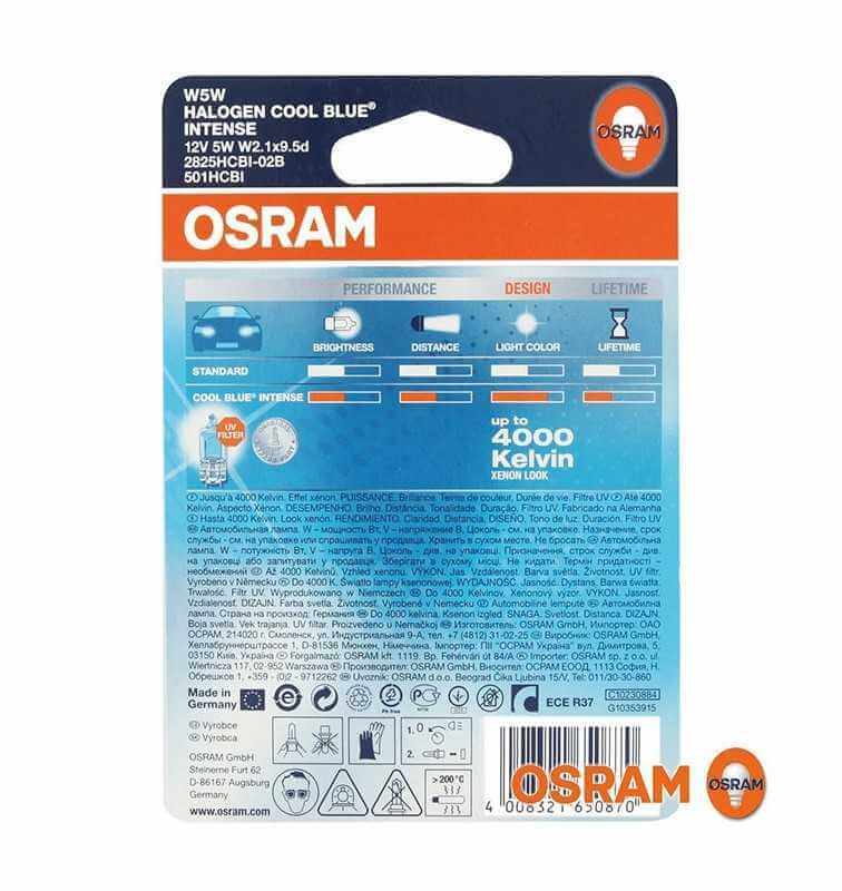 OSRAM COOL BLUE INTENSE W5W Auxiliary Light Halogen Bulb License  Plate/Position Light 2825HCBI 12V 5W 