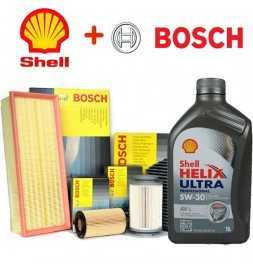 Comprar Kit de corte de aceite SHELL HELIX 5W30 5LT + 4 FILTROS BOSCH AUDI A3 8P1 2.0 TDI  tienda online de autopartes al mej...