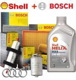 Comprar Kit de corte de aceite SHELL HELIX HX8 5W40 9LT 4 FILTROS BOSCH AUDI A6 2.7 132 KW  tienda online de autopartes al me...